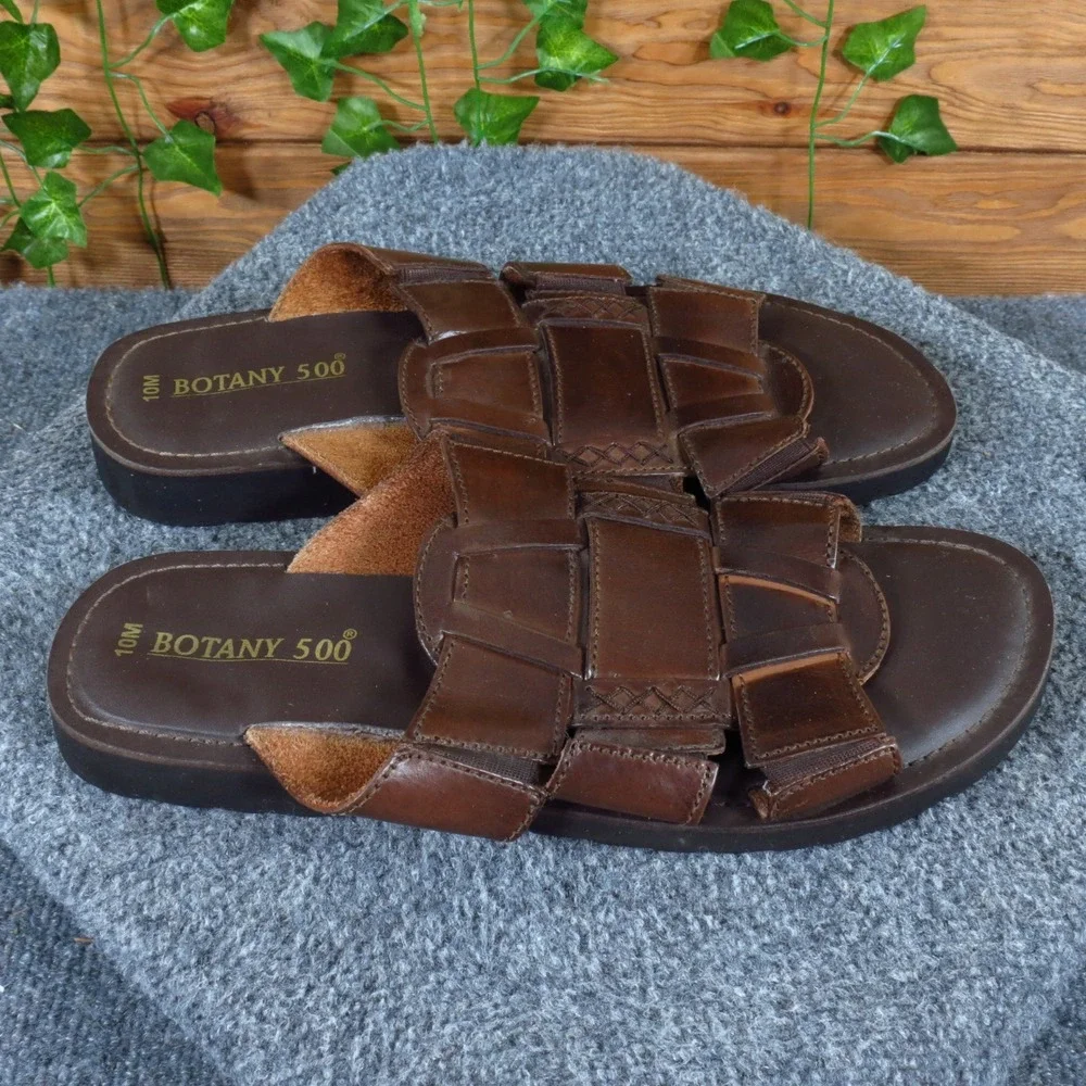 Botany 500 Mens Woven Slide Sandals Size 10M Summer Outdoor Brown Leather